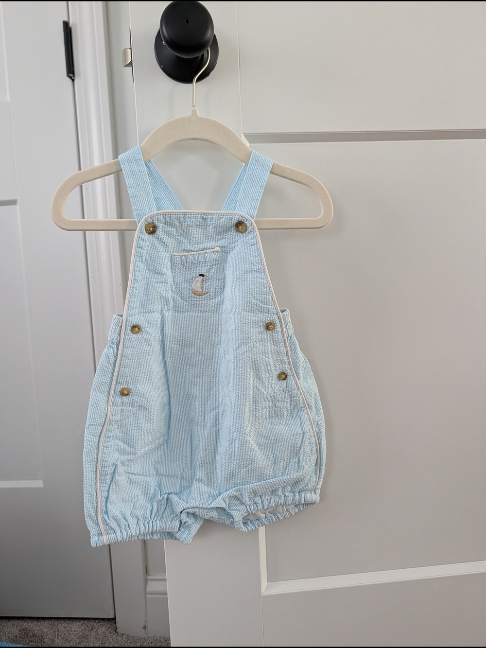 Janie and Jack Light Blue Seersucker Overalls Bubble Romper